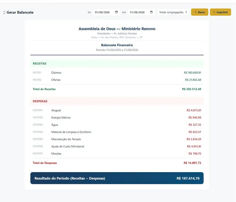 Balancete financeiro do Levita com entradas, saídas e saldo.