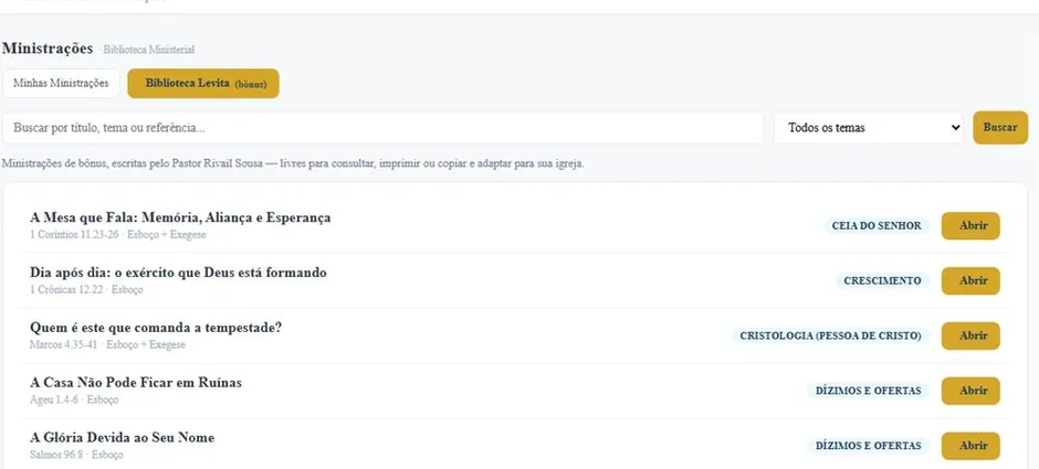 Biblioteca de ministrações do Levita com busca por tema e esboços de pregação.